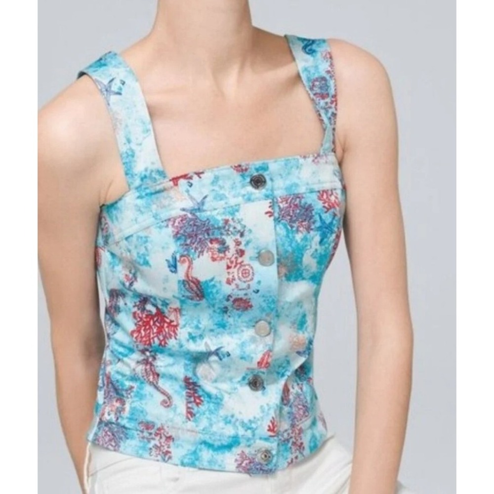 White House Black Market Bodice Top Tank Buttons Marine Scene Scuba Blue Size 6